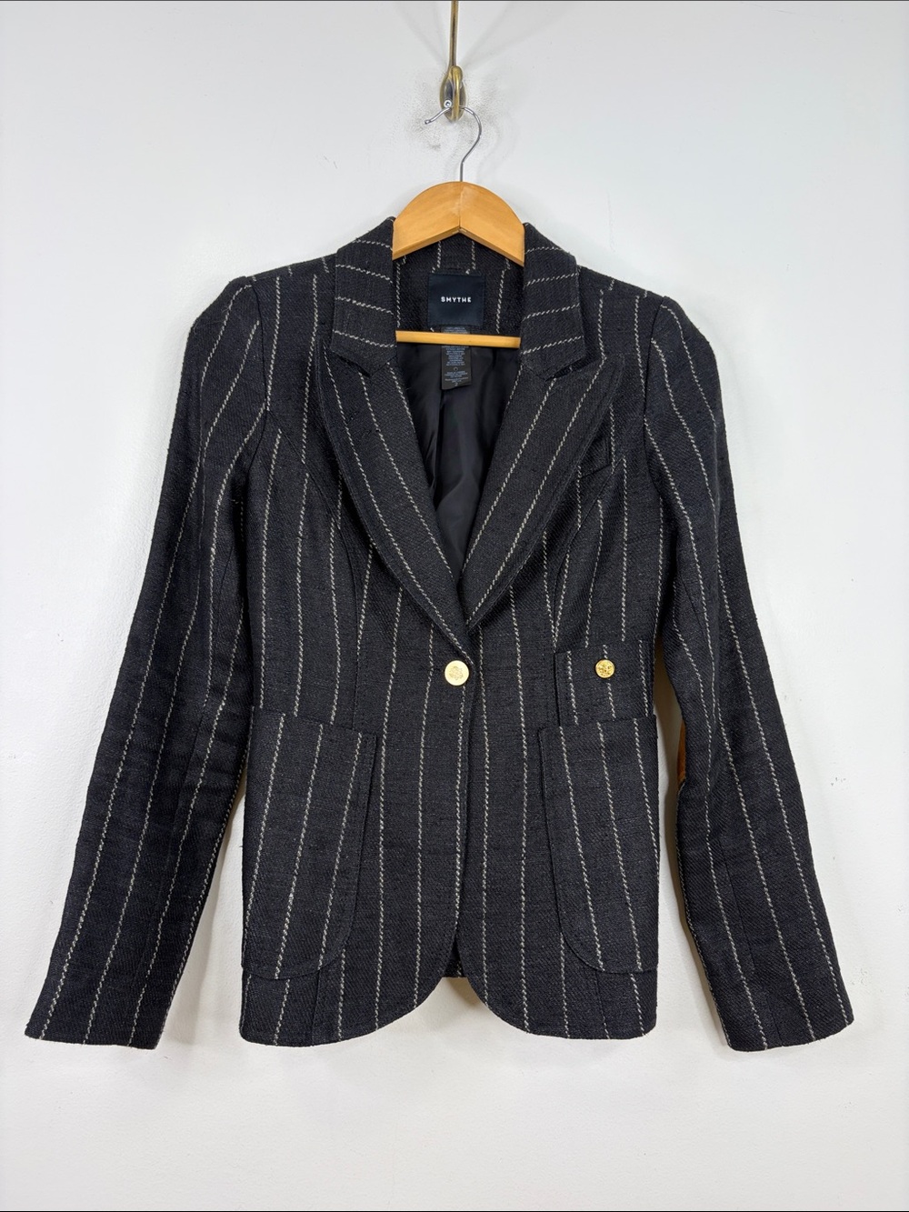 Smythe Duchess Blazer Womens 2 Dark Gray Pinstripe Linen Suede Elbow Patches